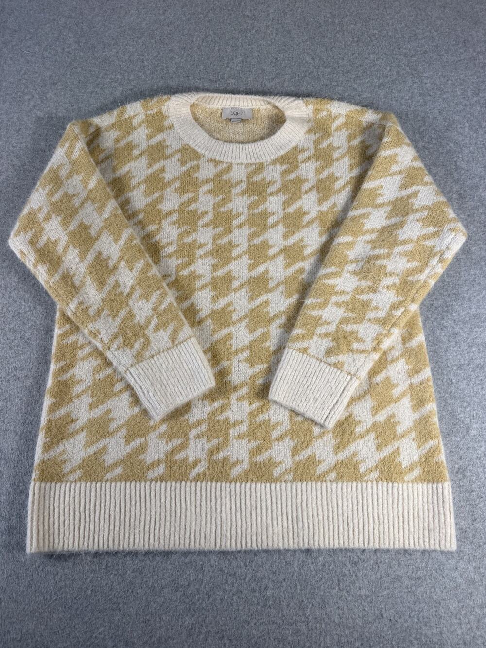 Loft Outlet Women's Sweater, Yellow and White Houndstooth, Size M